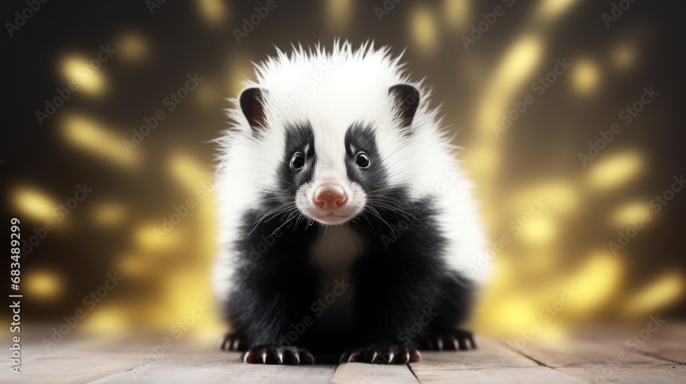 Poster a small black and white animal sitting on top of a wooden floor in front of a yellow and black backg