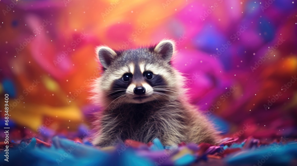 Poster a raccoon is sitting in front of a multicolored background and looking at the camera with a surprise