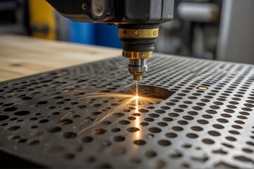 A laser cutting machine is drilling holes in a sheet of steel, forming a circular pattern to be used as a fence