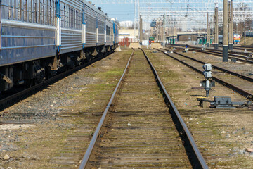 Multi-track railway line near the loading station. View of the railway track. Transportation of...