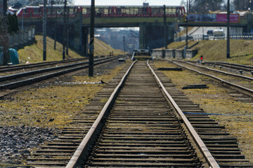 Multi-track railway line near the loading station. View of the railway track. Transportation of...
