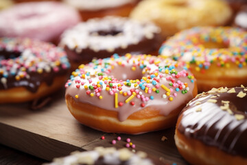 Colorful donut with sprinkles and chocolate splash. Generative AI - obrazy, fototapety, plakaty