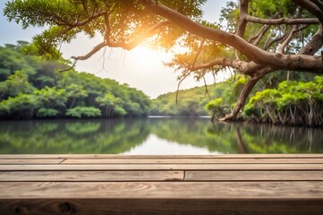 empty wooden table top with blur background of mangrove lake