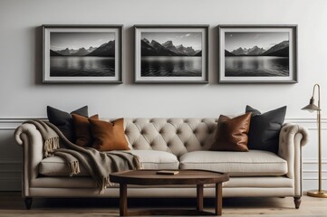 A modern living room with a minimalist style, wooden floor, white walls, and three paintings above the sofa.