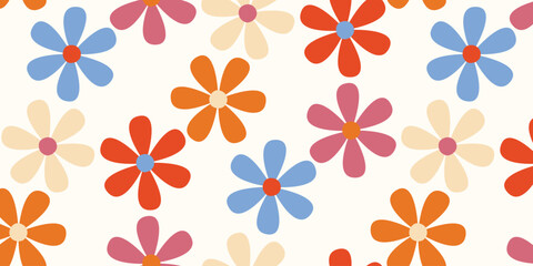 Floral seamless pattern in the style of the 70s with groovy daisy flowers. Retro floral naive vector design. Style of the 60s, 70s, 80s