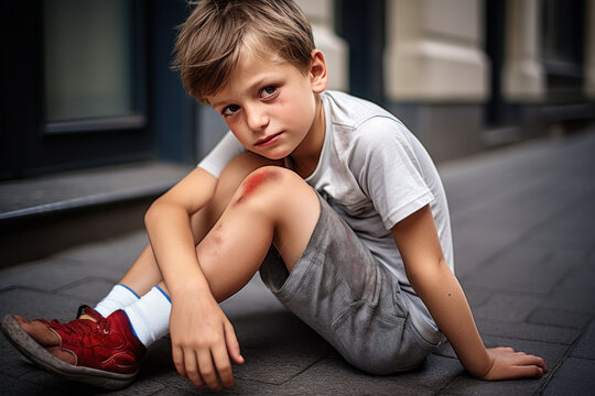 jeune garçon qui s'est fait mal au genou, égratignure et saignement léger après une chute par terre en jouant