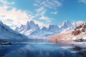 mountain landscape on a sunny day. calm frosty relaxing background image. Generative AI