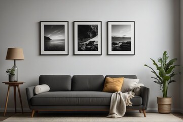 A modern living room with a minimalist style, white floor, white walls, and three paintings above the sofa.