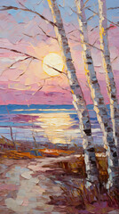 Hand-drawn painting of seaside view in pink twilight sunset with trees
