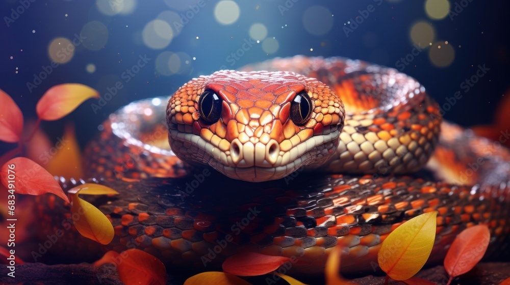 Poster a close up of a snake's head on top of a branch with leaves in front of a blurry background.