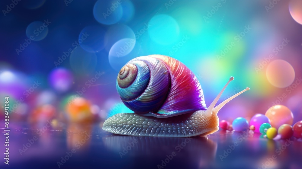 Aufkleber a close up of a snail on a surface with many colored balls in the background and blurry lights in th