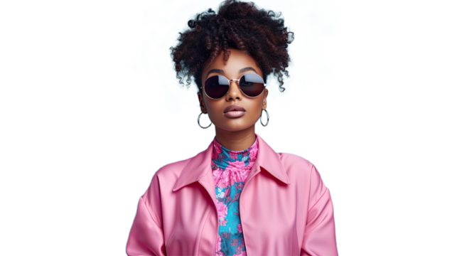 Fashion young African American girl black woman wear stylish pink eyeglasses and shirt.. Isolated on Transparent background.