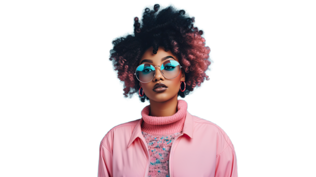 Fashion young African American girl black woman wear stylish pink eyeglasses and shirt.. Isolated on Transparent background.