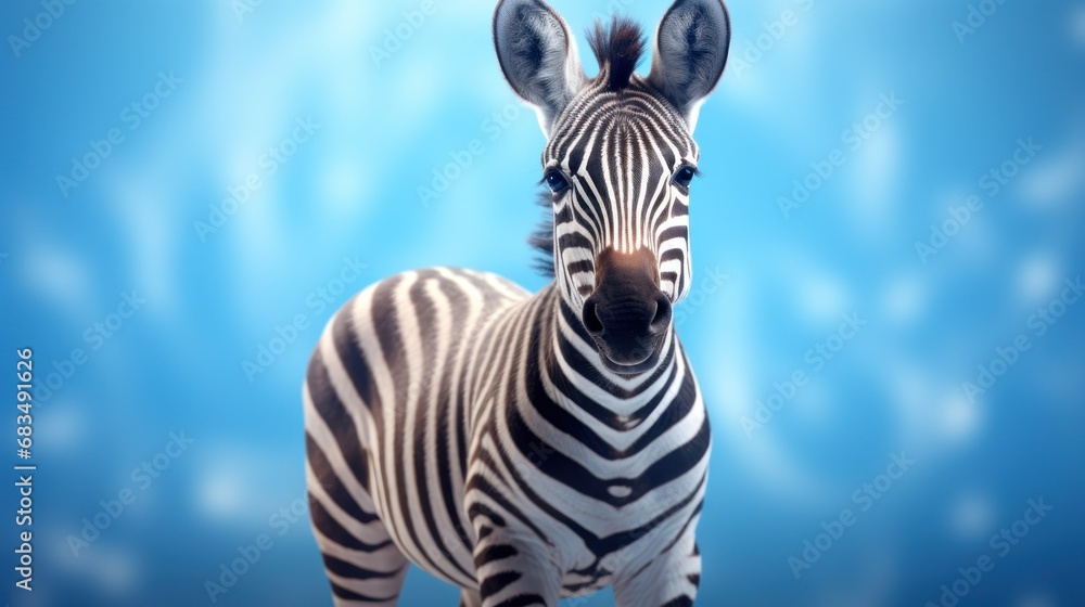 Poster a close up of a zebra on a blue background with a blurry image of the zebra's head.