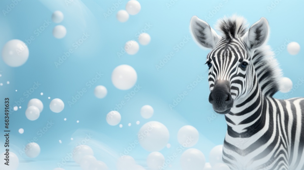 Poster a zebra standing in front of a blue and white background with bubbles in the air and bubbles in the 