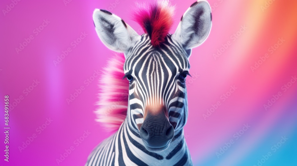 Poster a close up of a zebra's head with a pink and blue background and a blurry image of a zebra's head.