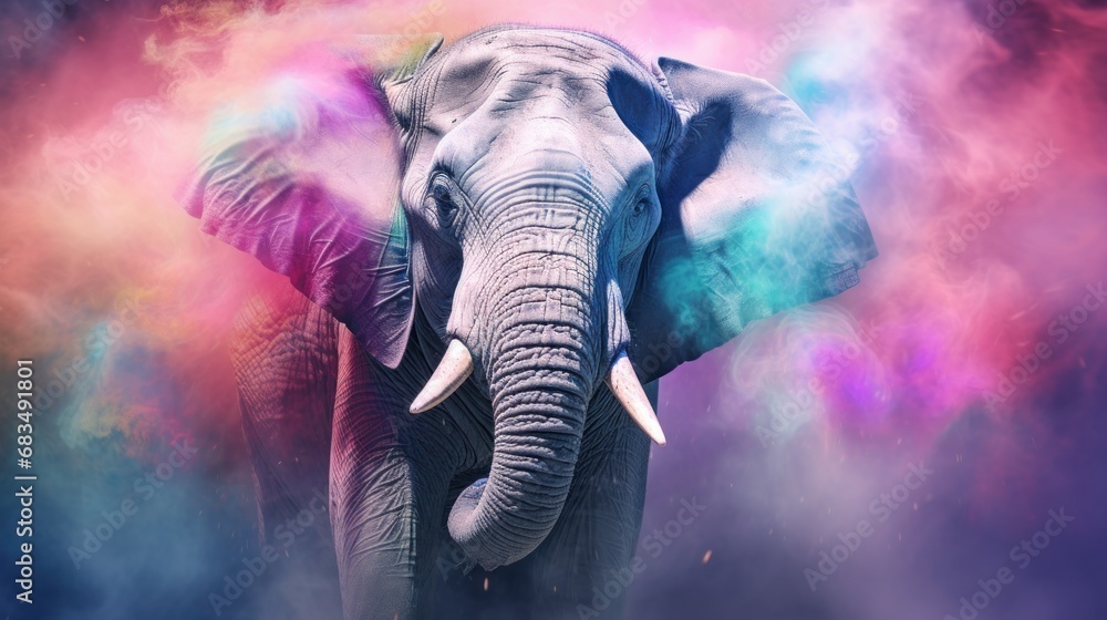 Poster an elephant standing in front of a multicolored cloud of smoke and water with its trunk up to the ca