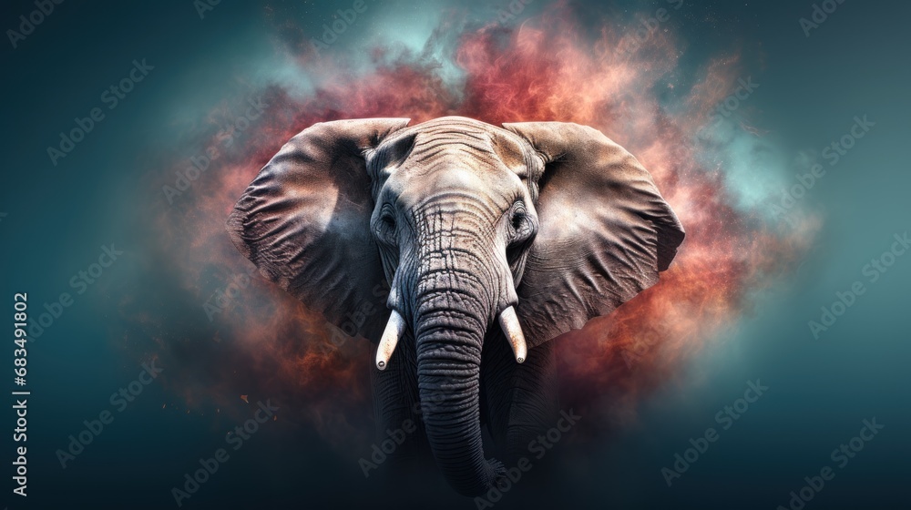Poster an elephant standing in front of a blue background with red and pink clouds of smoke and light comin