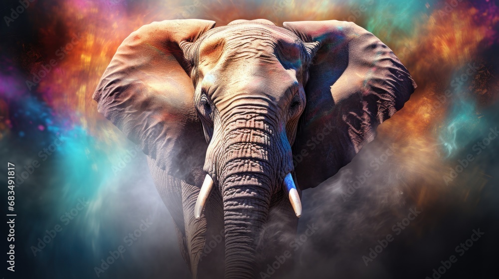 Poster an elephant standing in front of a multicolored sky with clouds of smoke and light coming from its t
