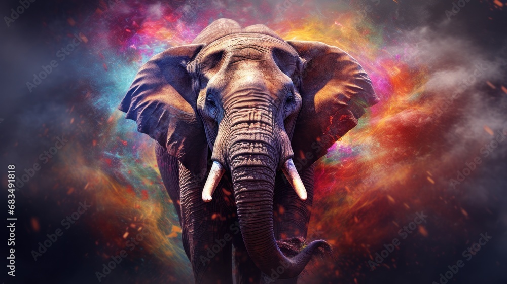 Poster an elephant standing in front of a multicolored explosion of smoke and fire with it's trunk in the a