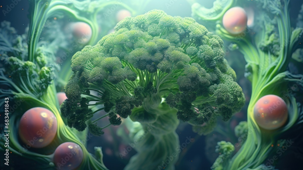 Poster a close up of a piece of broccoli in the middle of an image of a bunch of broccoli.