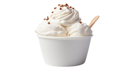 Ice cream scoop on white blank empty paper cup bowl. Isolated on Transparent background.