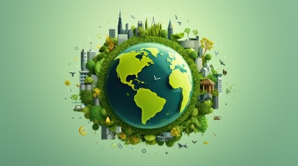  a picture of the earth surrounded by trees, buildings, and butterflies on a green background with a blue sky.