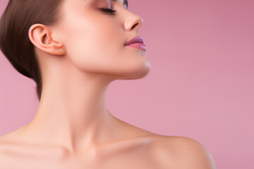 Fototapeta na wymiar A glamorously manicured Caucasian woman with an elegant neck and collarbones isolated on a rosy studio backdrop portrays natural beauty, health, dieting.