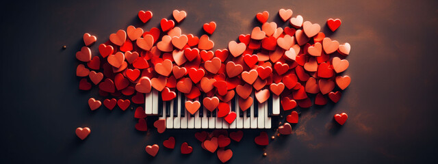 A grand heart shape made of smaller hearts atop piano keys, mirroring the love songs of a...