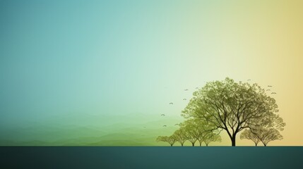 Obraz premium a painting of a tree in the middle of a field with birds flying in the sky in the back ground.