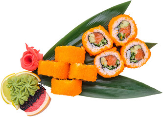 Portion of salmon roll with avocado and caviar on top on bamboo leaf