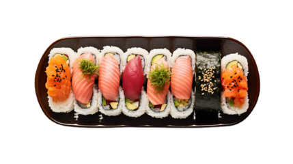 Top view Set of sushi on a black plate. Isolated on Transparent background.