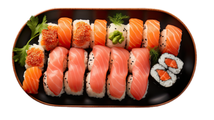 Top view Set of sushi on a black plate. Isolated on Transparent background.