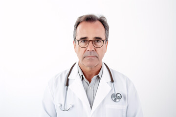 Fototapeta premium A physician in a lab coat, spectacles, and stethoscope gazes into the lens against a pristine backdrop with space for text, reflective of health.