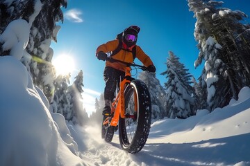 a man rider riding a fat bike bicycle in snow covered road trail in cold frosty winters - obrazy, fototapety, plakaty