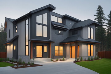 The exterior of this newly built home in the Northwest region of the USA showcases a contemporary design, highlighting elements such as gray wooden siding, stone columns, and two spaces AI GENERATED