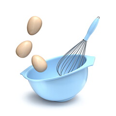 Blue bowl with whisk and eggs 3D