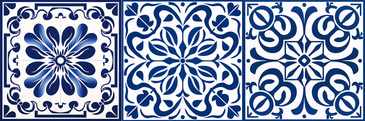 A beautifully-crafted baroque ceramic tile featuring a rudimentary white and blue porcelain flower damask with a large floral frame in the center.