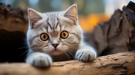 Content British feline lounges on backdrop with a raised claw, employed to promote pet nourishment.