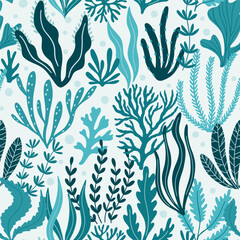 Seamless pattern with corals and seaweed. Underwater flora, sea plants. Hand drawn summer beach print. Cute ocean background. Abstract design for clothing, wrap, textile, fabric.