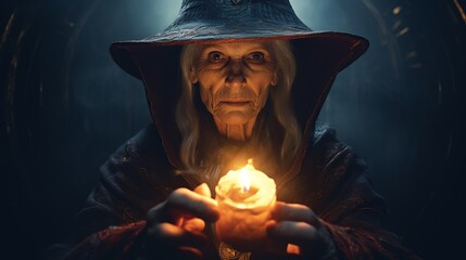 An old mysterious magician witch in a dark place - obrazy, fototapety, plakaty