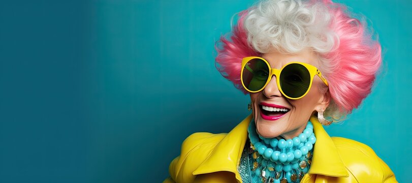 An elderly beautiful woman with bright dyed hair and sunglasses. Generated by AI.