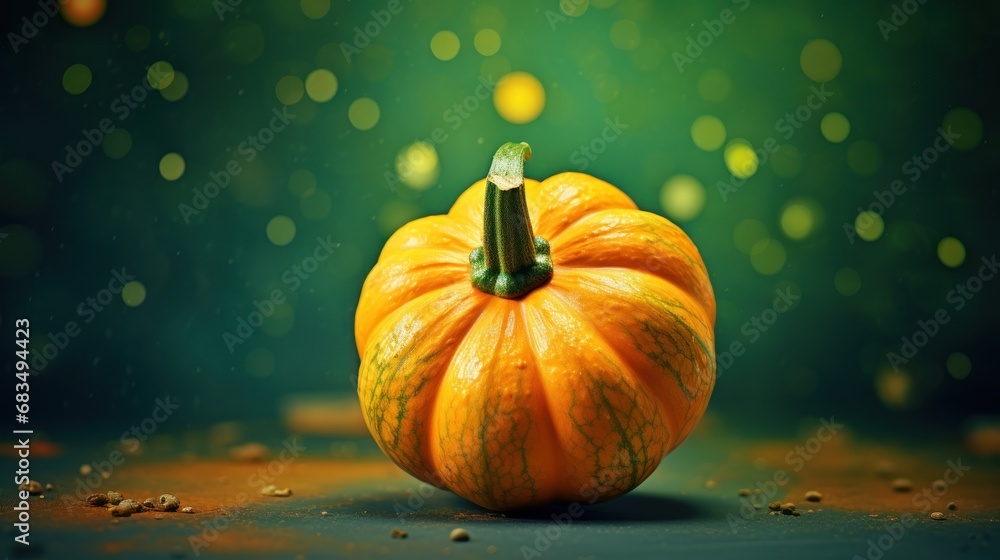 Poster a small orange sitting on top of a table next to a green and yellow background with a small green ob