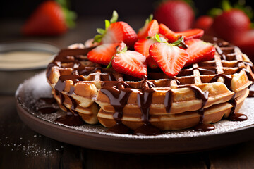 A deliciously sweet waffle covered in melted chocolate and strawberries A plate of waffles with sliced bananas, strawberries

