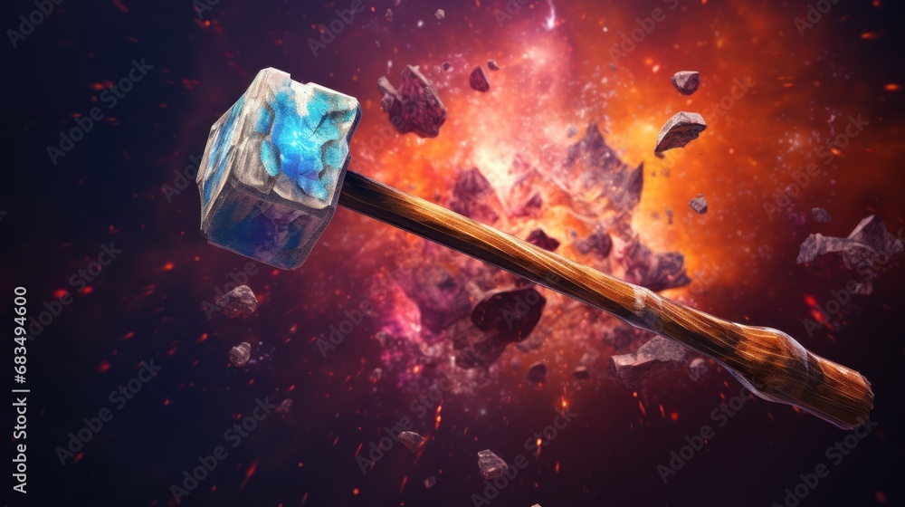 Poster a close up of an ice picker with a hammer in the middle of a space filled with rocks and debris.
