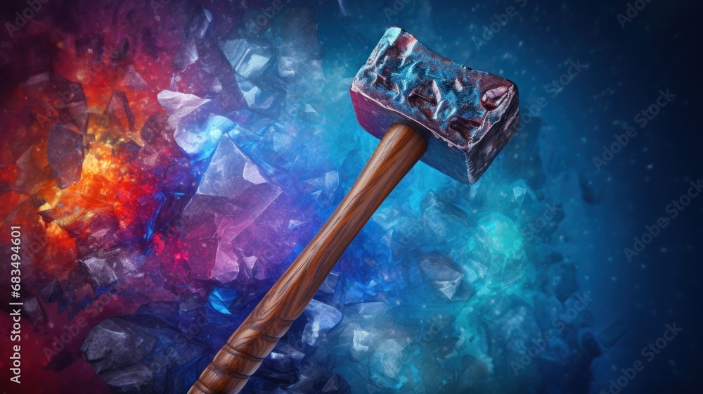 Aufkleber a close up of a hammer with a red handle on a blue and red background with ice cubes around it.