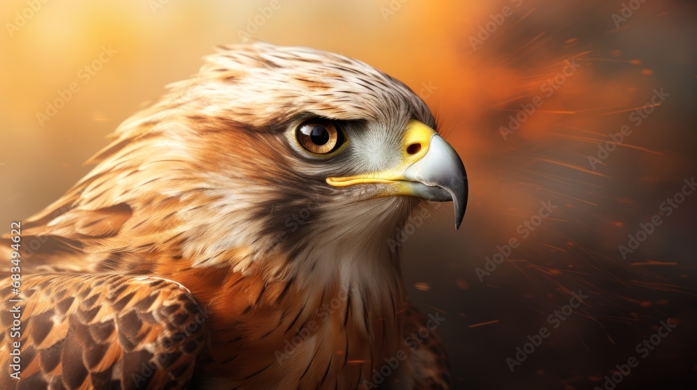 Poster a close up of a bird of prey with a blurry background and a blurry image of the head of an eagle.
