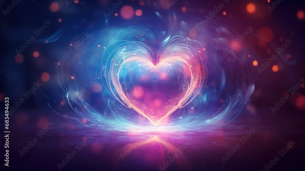 Poster a heart shaped object floating on top of a body of water in the middle of a blue and red light.