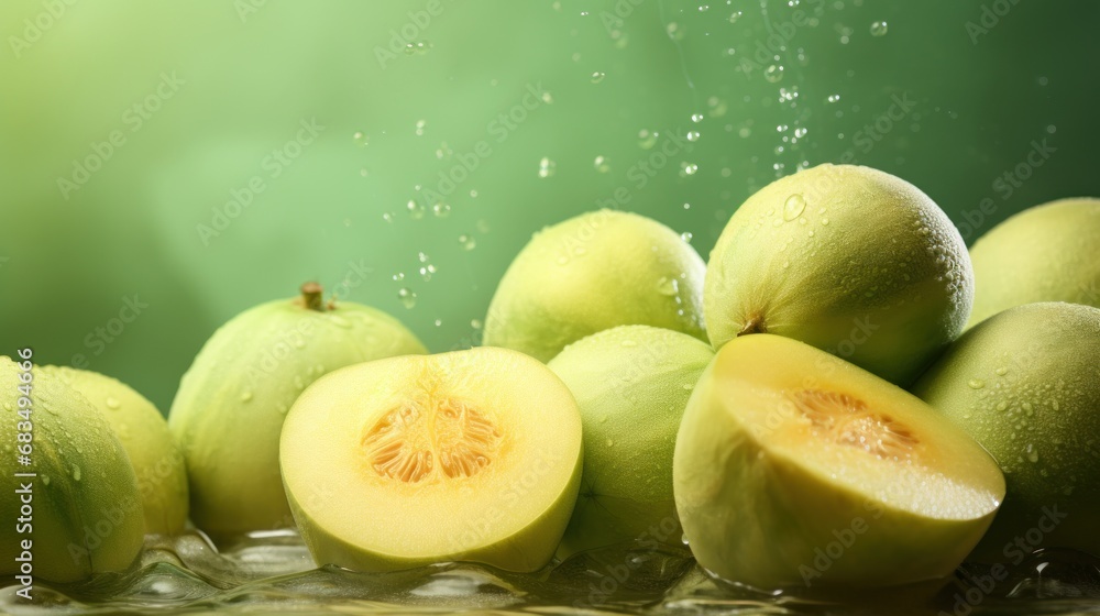 Poster a close up of a kiwi fruit with water splashing on the top of it and on the bottom of it.