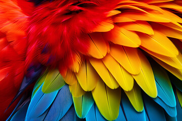 Close up of Scarlet macaw bird's feathers, exotic nature background and texture. Beautiful nature background, close up details texture of Scarlet macaw parrot bird feathers


